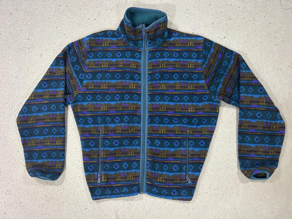 L.L.Bean Jacket Mens Large Blue Aztec Geometric Fleece Full Zip Hiking Gorpcore